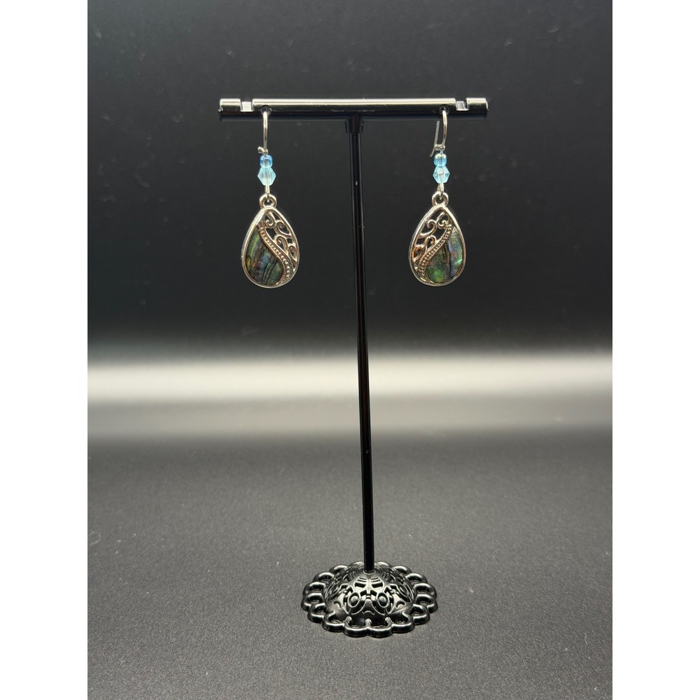 Abalone Shell Filigree Teardrop Earrings Silver Tone Blue Crystal Bead Dangle